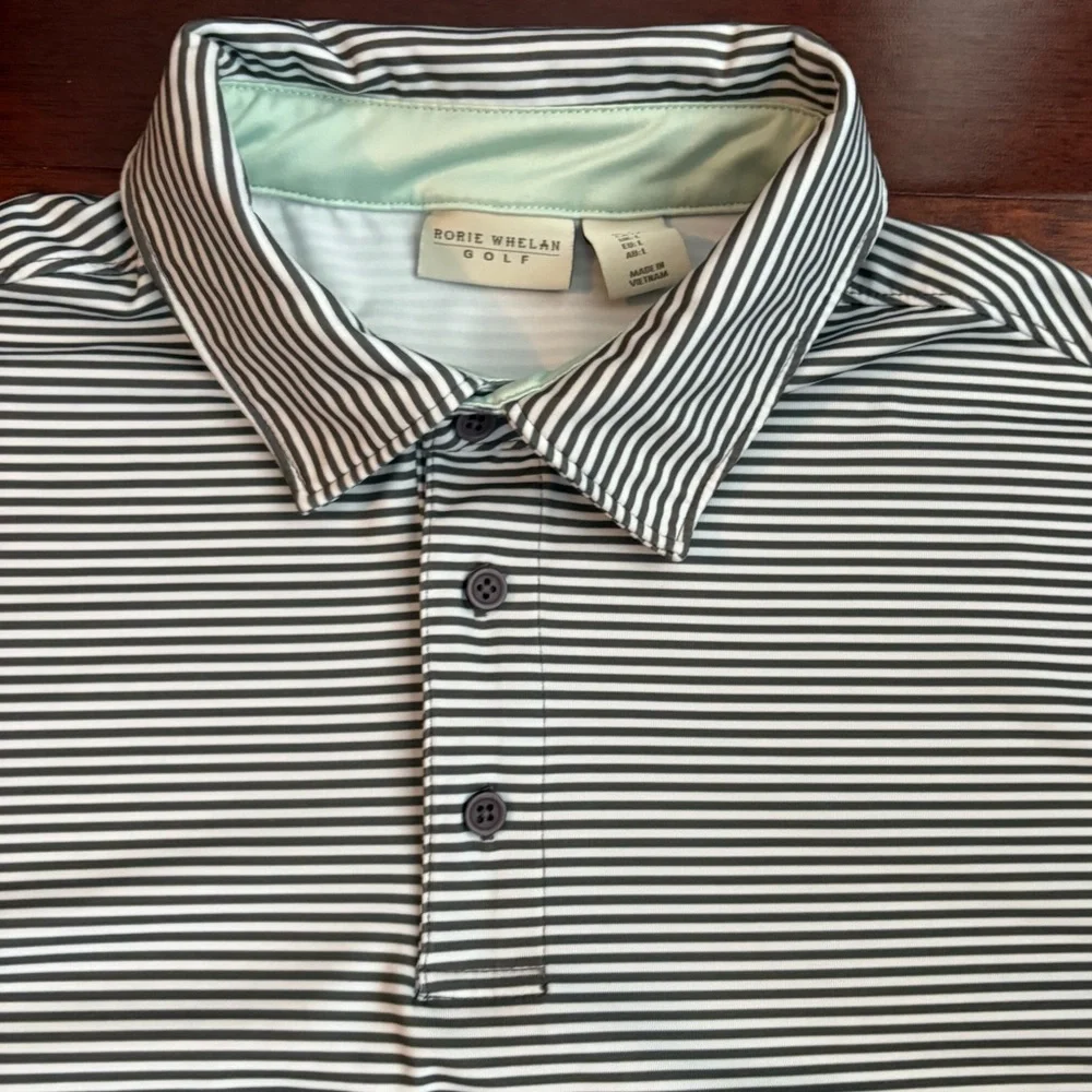 Rorie Whelan Golf Polo Shirt Striped Short Sleeve Mens Large UPF 50 Performance
